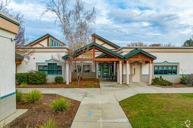 Unique wooden beams and angular architecture make Oakhills Elementary School attractive.