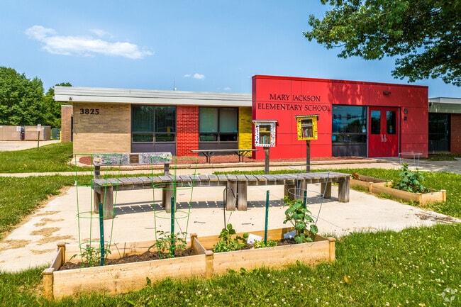 Students of Jackson Elementary School enjoy outdoor education, such as tending to garden plots.