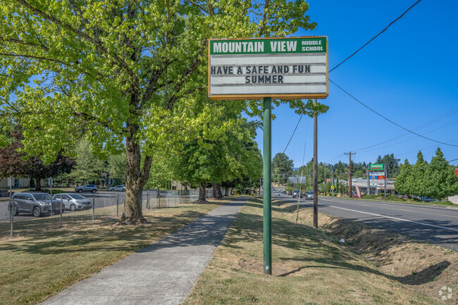 The Mountain View Middle School entrance sign in Beaverton, Oregon.