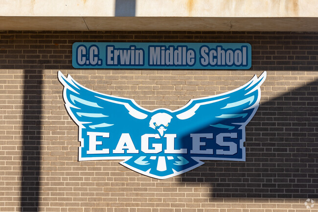 The Charles C Erwin Middle School logo at the school entrance.