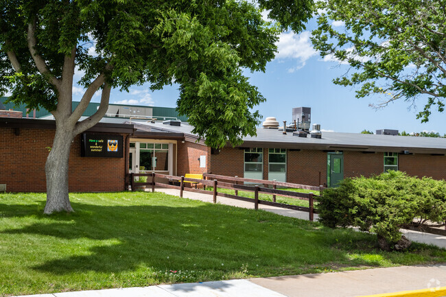 The front entrance at Jefferson Academy Elementary School in Broomfield, Colorado.