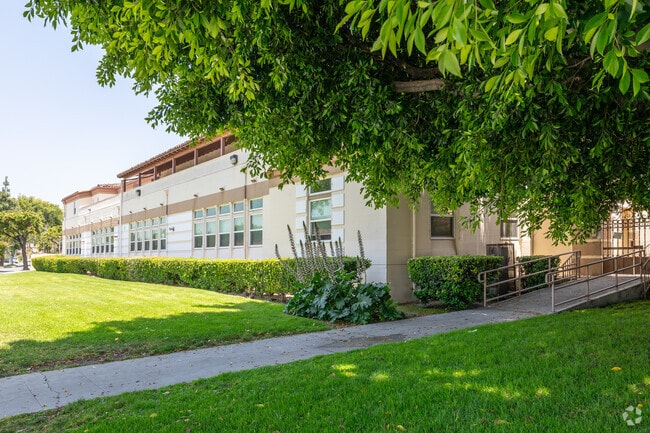 The grounds of Transfiguration Elementary School in Los Angeles, CA are well maintained.
