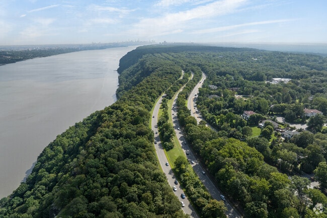 Aerial view of the Palisades with the Manhattan skyline in the distance seen from Demarest, NJ.