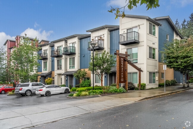 A row of townhomes mixed with condos in Downtown Kenmore.