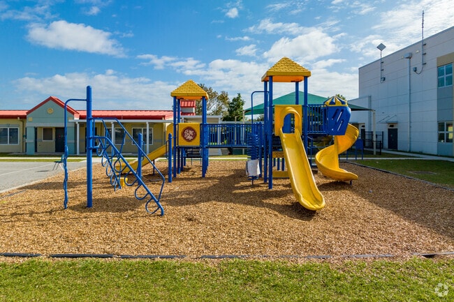 Students have plenty of room on the large colorful playground at Sally Ride Elementary School.