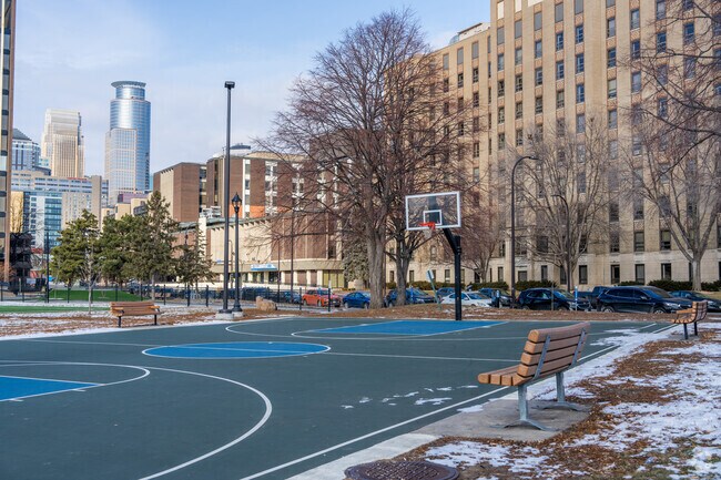 Elliot Park includes a full-size basketball court for recreation.