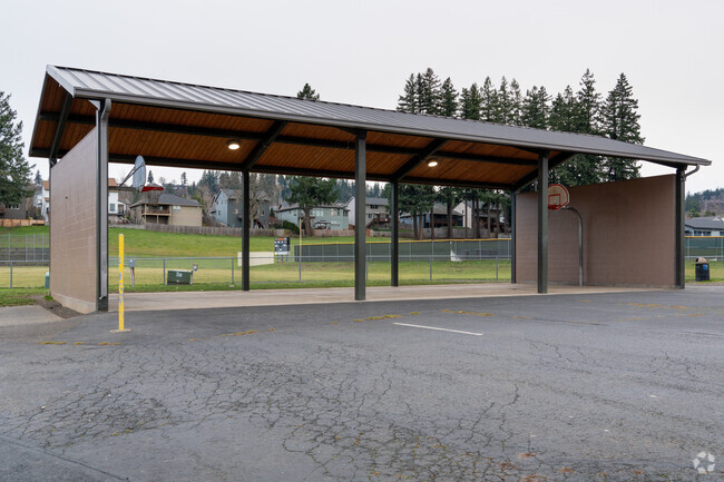Covered basketball courts next behind the school.