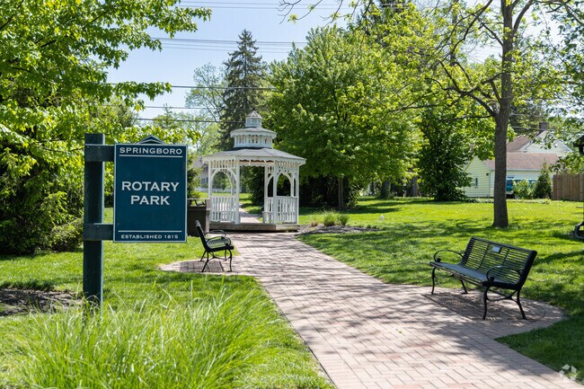 Downtown Springboro's Rotary Park features benches and a gazebo.