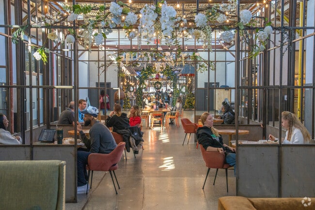 The Works nearby offers ample seating to enjoy a meal or get work done.