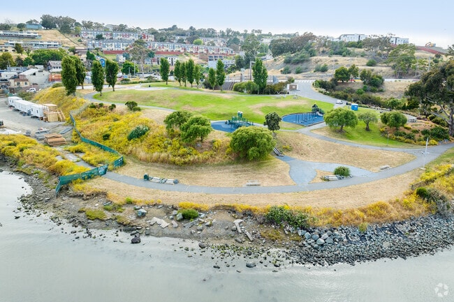 India Basin Shoreline Park from the bay towards Hunter's Point.