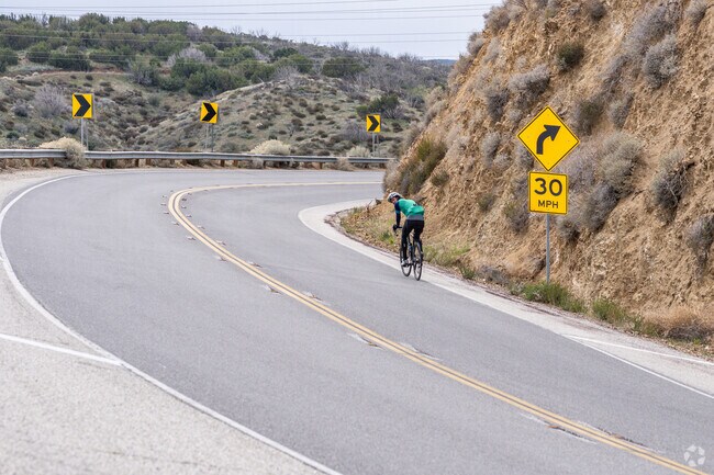 A bicyclist rides up the hill towards Leona Valley.
