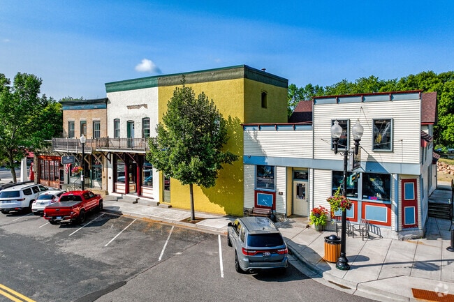 Charming historic buildings line downtown streets in Carver.