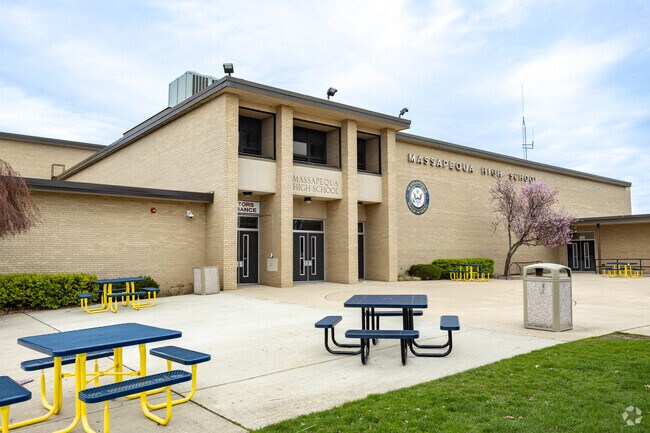 The front entrance of the main campus for Massapequa High School in Massapequa is very inviting.