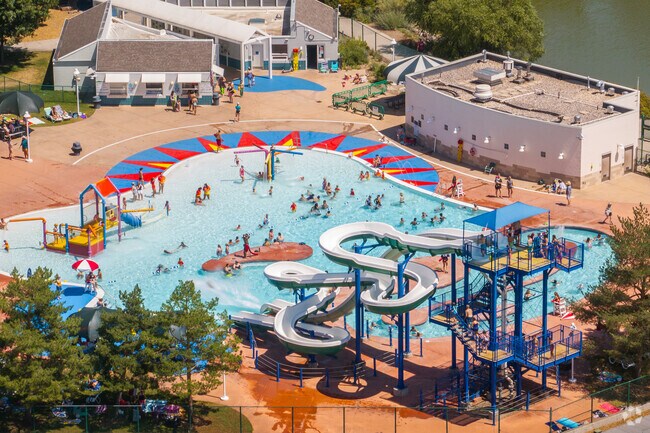 University North residents are near a large swimming pool.