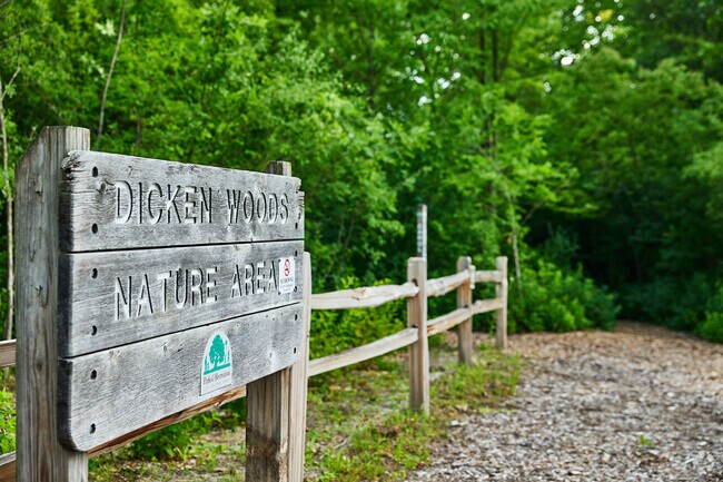 Dicken Woods Nature Area is a 10-acre park with wooded walking trails.