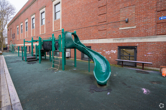 Kids can enjoy this slide on the playground at Tobin Montessori in Mid-Cambridge.
