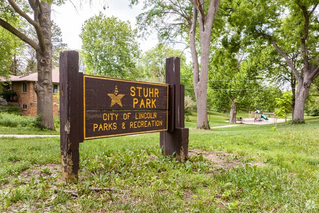 Stuhr Park sign at the south side of the park.