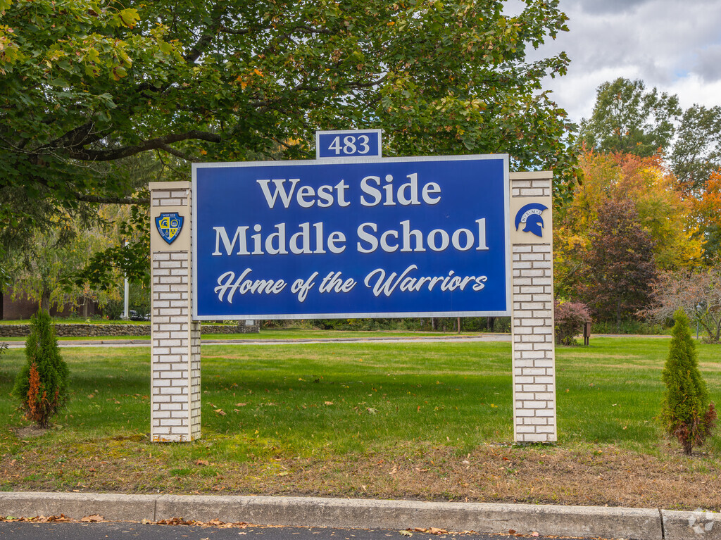 West Side Middle School signage welcomes students in Waterbury, CT.