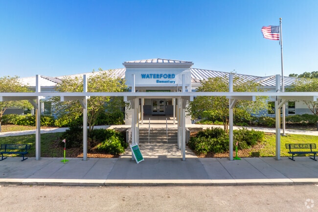 Student drop off and pick up is located at the entrance of Waterford Elementary School.