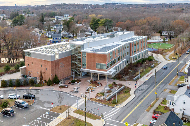 An aerial view of the Hurld Elementary School in Woburn, MA.