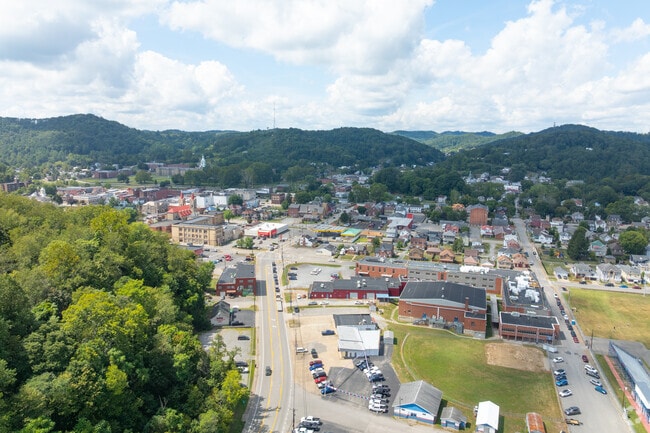 An aerial view shows Weston’s quaint small-town charm.