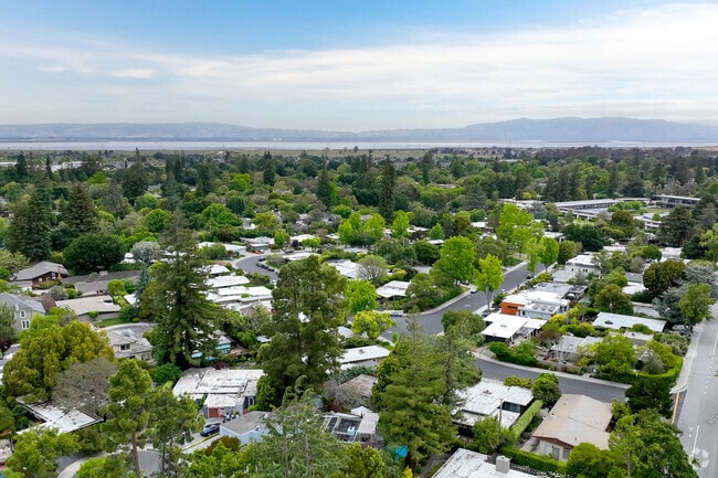 Overview of a residential area in the Duveneck-St. Francis neighborhood of Palo Alto, CA.