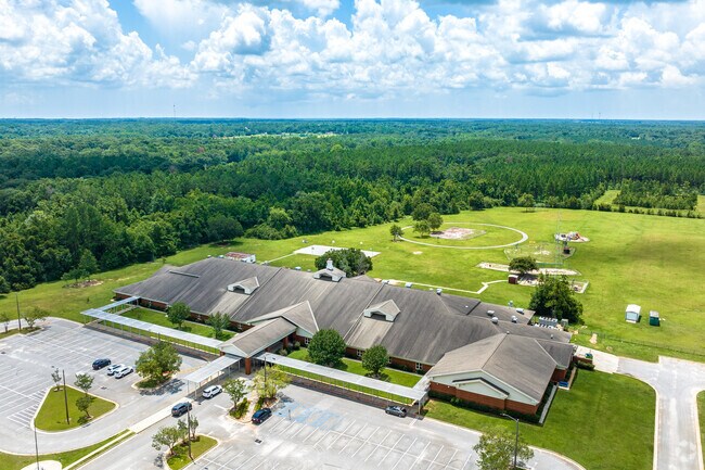 Hutchens Elementary School is surrounded by green space.