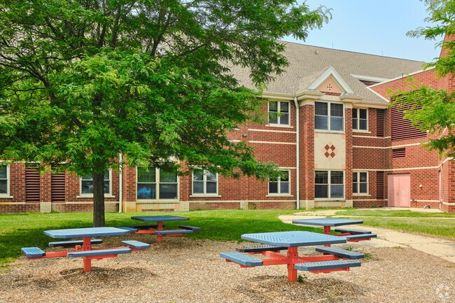 This shaded seating area is a great location to read a book in York Charter Township.