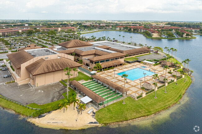The aerial overview of the Century Village Clubhouse shows all the outdoor amenities.