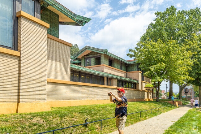 The Dana-Thomas House, built by Frank Lloyd Wright, stands near Vinegar Hill.