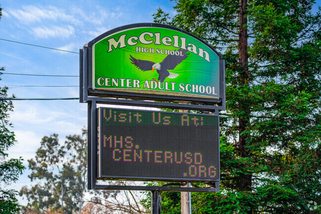 Important information is displayed on the Mcclellan High (Continuation) School entrance sign.