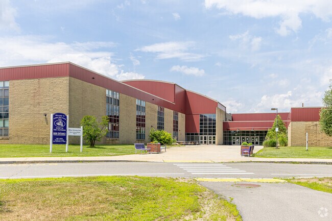 A crosswalk leading up to the Nashua High School South in Nashua, NH.