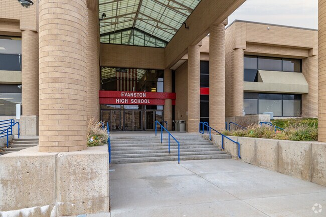 A welcoming entrance is seen at Evanston High School.