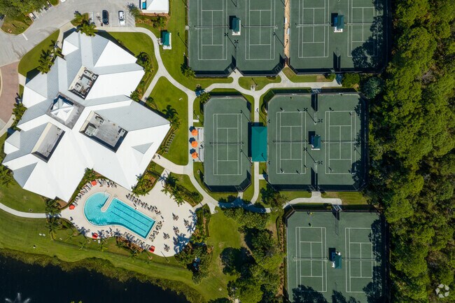 Aerial 90 degree look down of the Harbour Ridge tennis club in Stuart, Florida.