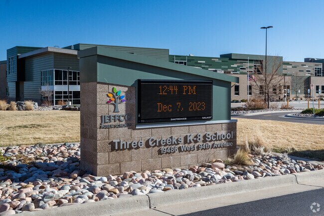 The welcome sign at Three Creeks K-8 School in the Candelas neighborhood, Colorado.