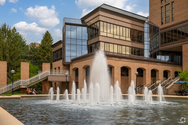 The historical Lurie Fountain at the University of Michigan is just outside Bromley Park.