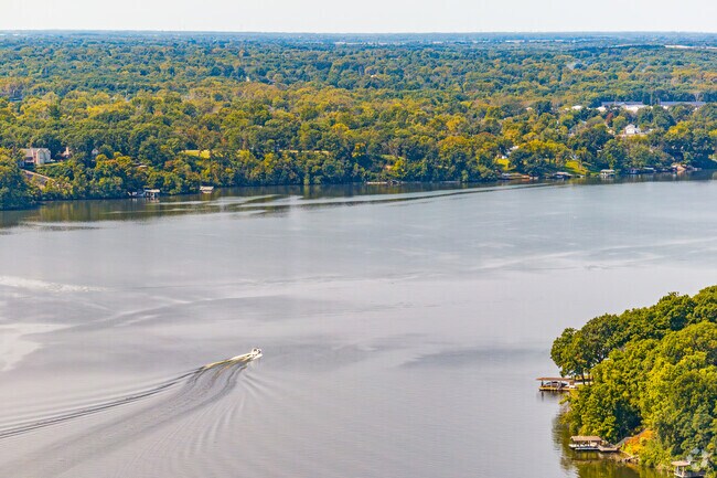 An aerial view of Lost Bridge in Decatur highlights the ample green-space and lake.