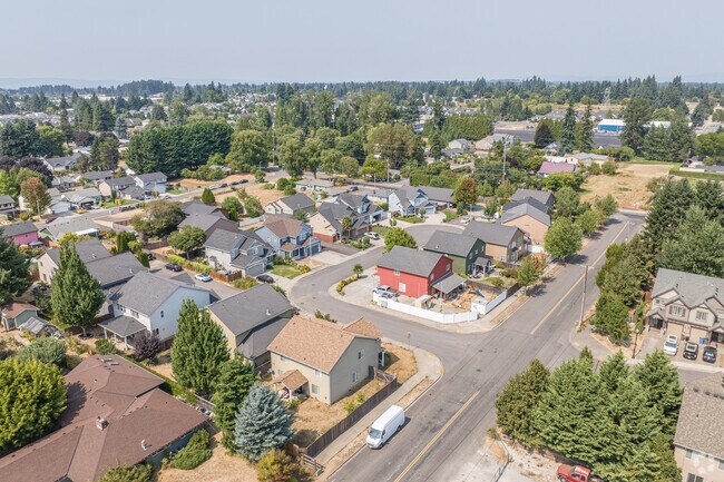 Scenic aerial of Fourth Plain Village highlights its welcoming homes.