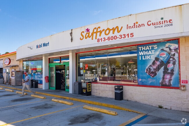 Exterior and front entrance of the Saffron Indian Cuisine.