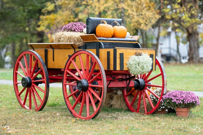 A fall themed orange and red wagon at the Historic Mead Preserve in Stonebridge, OH.