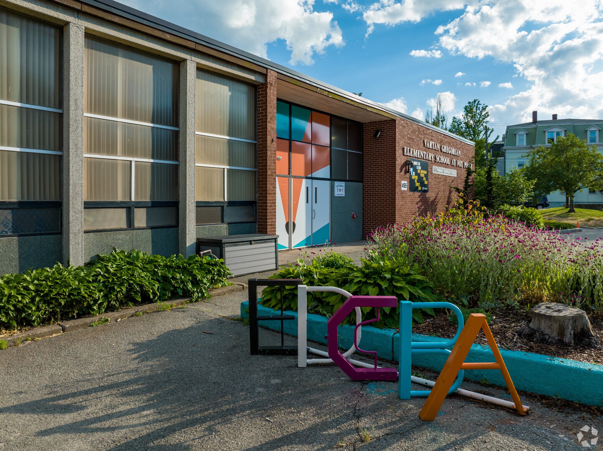 Children can lock their bikes near the flowers at the Vartan Gregorian Elementary School.