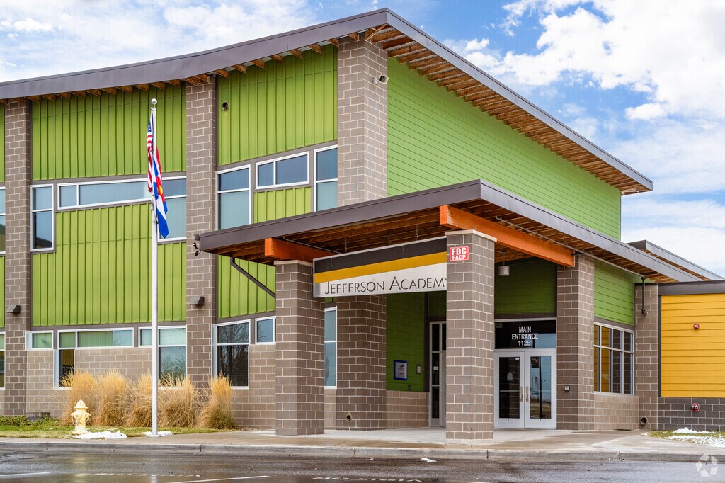 The main entrance at Jefferson Academy High School in Westminster, Colorado.