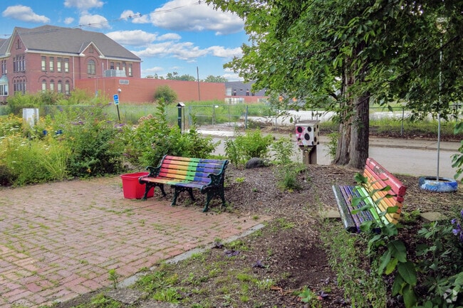 Sit and relax on these colorful benches at the Highland Youth Garden in Central Hilltop.