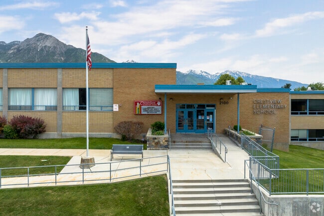 Blue details adorn the entrance to Crestview Elementary School.