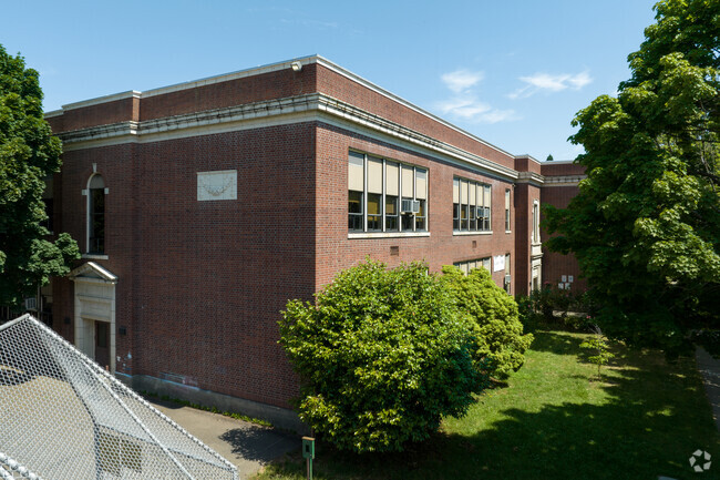 The brick facade of Abernethy Elementary School on SE Orange Ave in Portland shows it's history.