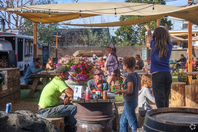 The courtyard at the Bite features a comfortable al fresco dining area and many food trucks.