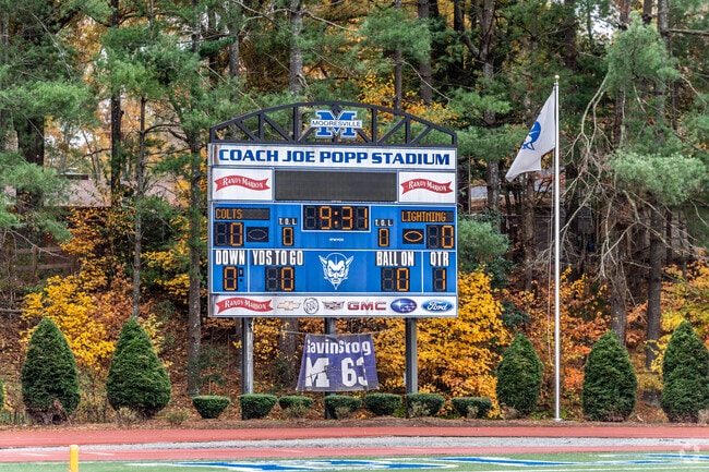 The scoreboard at Mooresville High School sits among the beautiful leaves.