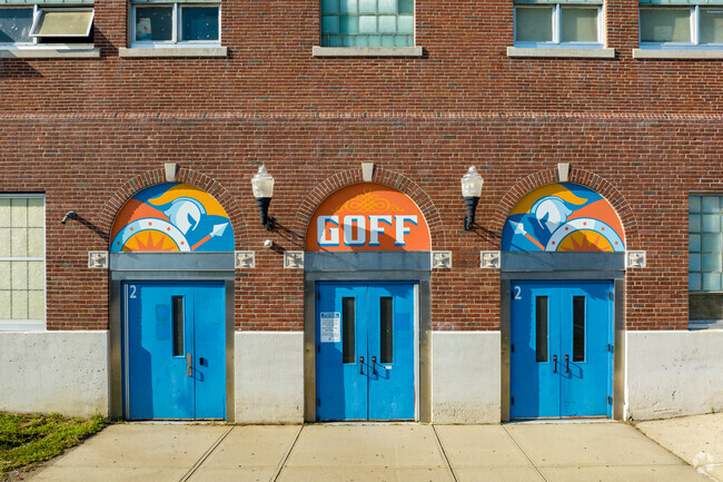 Artistic murals above the doors greet students at Lyman B. Goff Middle School in Darlington.