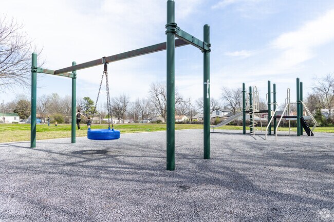 Kids will love the blue tire swing at Benton Park near Pine and Sheridan in Tulsa.
