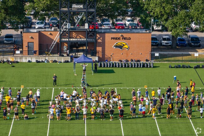 The University of Southern Mississippi band practices outdoors.